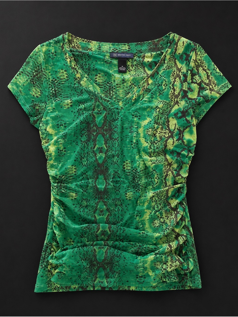 INC Green Snakeskin Shirred Mesh Top V-Neck Y2K Blouse Size M Petite EUC